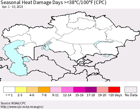 Kazakhstan Seasonal Heat Damage Days >=38°C/100°F (CPC) Thematic Map For 4/1/2023 - 4/10/2023
