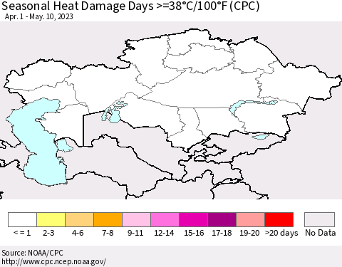 Kazakhstan Seasonal Heat Damage Days >=38°C/100°F (CPC) Thematic Map For 4/1/2023 - 5/10/2023
