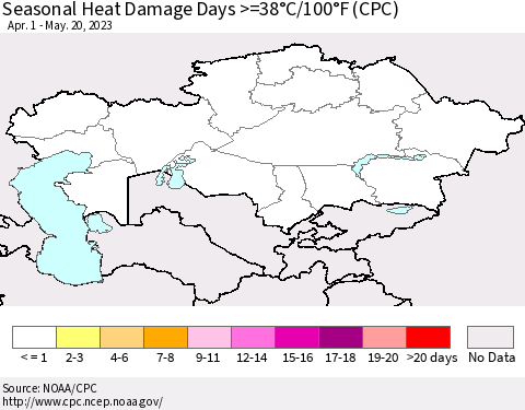 Kazakhstan Seasonal Heat Damage Days >=38°C/100°F (CPC) Thematic Map For 4/1/2023 - 5/20/2023