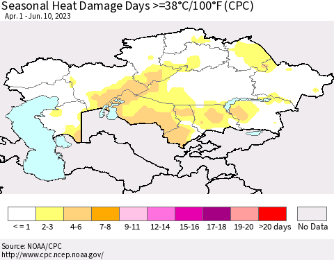 Kazakhstan Seasonal Heat Damage Days >=38°C/100°F (CPC) Thematic Map For 4/1/2023 - 6/10/2023