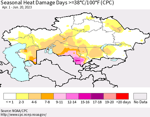 Kazakhstan Seasonal Heat Damage Days >=38°C/100°F (CPC) Thematic Map For 4/1/2023 - 6/20/2023