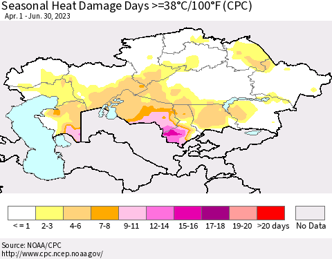 Kazakhstan Seasonal Heat Damage Days >=38°C/100°F (CPC) Thematic Map For 4/1/2023 - 6/30/2023