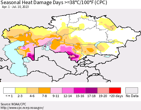 Kazakhstan Seasonal Heat Damage Days >=38°C/100°F (CPC) Thematic Map For 4/1/2023 - 7/10/2023