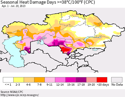 Kazakhstan Seasonal Heat Damage Days >=38°C/100°F (CPC) Thematic Map For 4/1/2023 - 7/20/2023