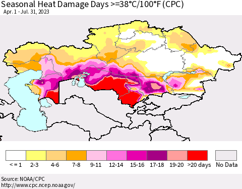 Kazakhstan Seasonal Heat Damage Days >=38°C/100°F (CPC) Thematic Map For 4/1/2023 - 7/31/2023