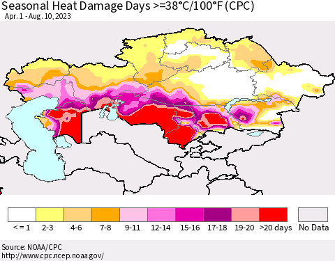 Kazakhstan Seasonal Heat Damage Days >=38°C/100°F (CPC) Thematic Map For 4/1/2023 - 8/10/2023