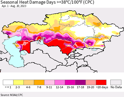 Kazakhstan Seasonal Heat Damage Days >=38°C/100°F (CPC) Thematic Map For 4/1/2023 - 8/20/2023