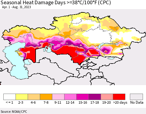 Kazakhstan Seasonal Heat Damage Days >=38°C/100°F (CPC) Thematic Map For 4/1/2023 - 8/31/2023