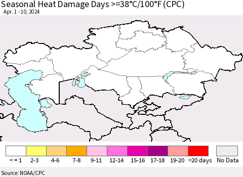 Kazakhstan Seasonal Heat Damage Days >=38°C/100°F (CPC) Thematic Map For 4/1/2024 - 4/10/2024