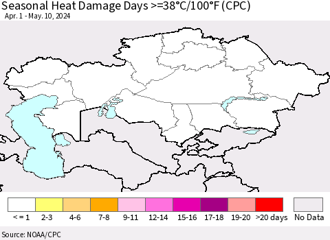 Kazakhstan Seasonal Heat Damage Days >=38°C/100°F (CPC) Thematic Map For 4/1/2024 - 5/10/2024