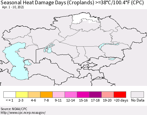 Kazakhstan Seasonal Heat Damage Days (Croplands) >=38°C/100°F (CPC) Thematic Map For 4/1/2021 - 4/10/2021