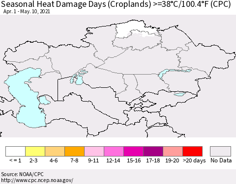 Kazakhstan Seasonal Heat Damage Days (Croplands) >=38°C/100°F (CPC) Thematic Map For 4/1/2021 - 5/10/2021