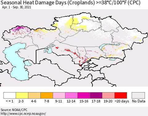 Kazakhstan Seasonal Heat Damage Days (Croplands) >=38°C/100°F (CPC) Thematic Map For 4/1/2021 - 9/30/2021