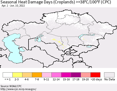 Kazakhstan Seasonal Heat Damage Days (Croplands) >=38°C/100°F (CPC) Thematic Map For 4/1/2022 - 6/10/2022