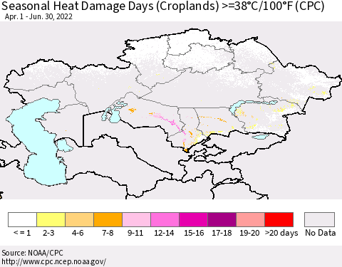 Kazakhstan Seasonal Heat Damage Days (Croplands) >=38°C/100°F (CPC) Thematic Map For 4/1/2022 - 6/30/2022