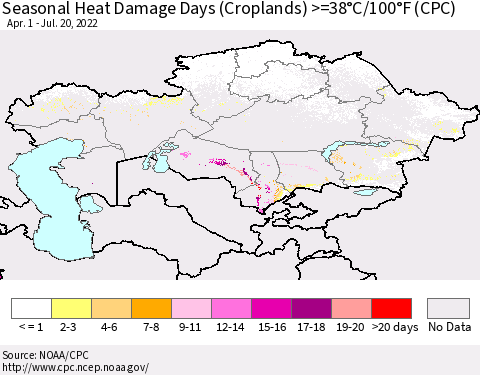 Kazakhstan Seasonal Heat Damage Days (Croplands) >=38°C/100°F (CPC) Thematic Map For 4/1/2022 - 7/20/2022