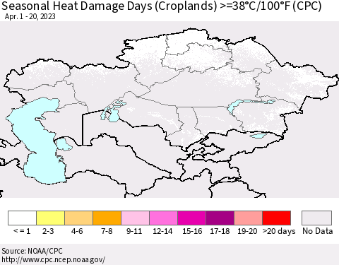 Kazakhstan Seasonal Heat Damage Days (Croplands) >=38°C/100°F (CPC) Thematic Map For 4/1/2023 - 4/20/2023
