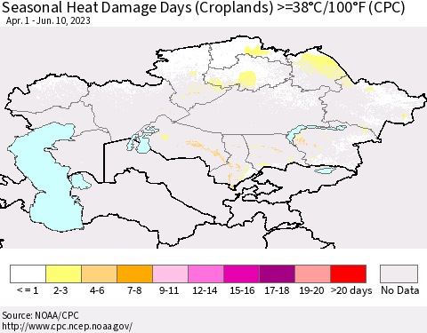 Kazakhstan Seasonal Heat Damage Days (Croplands) >=38°C/100°F (CPC) Thematic Map For 4/1/2023 - 6/10/2023