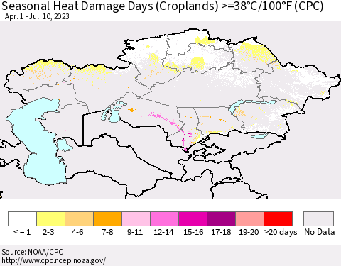 Kazakhstan Seasonal Heat Damage Days (Croplands) >=38°C/100°F (CPC) Thematic Map For 4/1/2023 - 7/10/2023