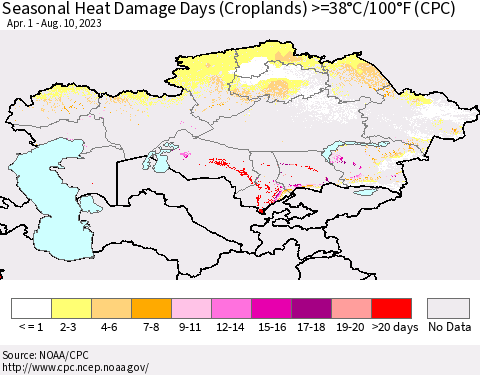 Kazakhstan Seasonal Heat Damage Days (Croplands) >=38°C/100°F (CPC) Thematic Map For 4/1/2023 - 8/10/2023