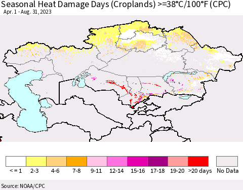 Kazakhstan Seasonal Heat Damage Days (Croplands) >=38°C/100°F (CPC) Thematic Map For 4/1/2023 - 8/31/2023