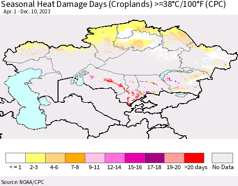 Kazakhstan Seasonal Heat Damage Days (Croplands) >=38°C/100°F (CPC) Thematic Map For 4/1/2023 - 12/10/2023