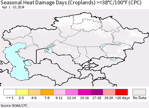 Kazakhstan Seasonal Heat Damage Days (Croplands) >=38°C/100°F (CPC) Thematic Map For 4/1/2024 - 4/10/2024