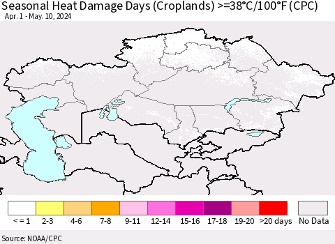 Kazakhstan Seasonal Heat Damage Days (Croplands) >=38°C/100°F (CPC) Thematic Map For 4/1/2024 - 5/10/2024