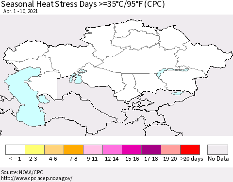 Kazakhstan Seasonal Heat Stress Days >=35°C/95°F (CPC) Thematic Map For 4/1/2021 - 4/10/2021