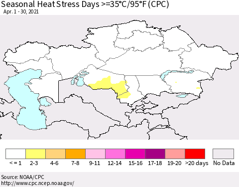 Kazakhstan Seasonal Heat Stress Days >=35°C/95°F (CPC) Thematic Map For 4/1/2021 - 4/30/2021
