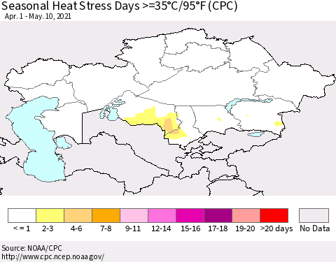 Kazakhstan Seasonal Heat Stress Days >=35°C/95°F (CPC) Thematic Map For 4/1/2021 - 5/10/2021