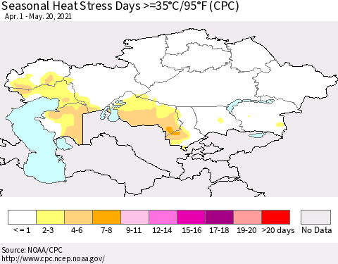 Kazakhstan Seasonal Heat Stress Days >=35°C/95°F (CPC) Thematic Map For 4/1/2021 - 5/20/2021