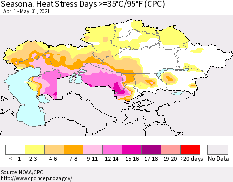Kazakhstan Seasonal Heat Stress Days >=35°C/95°F (CPC) Thematic Map For 4/1/2021 - 5/31/2021