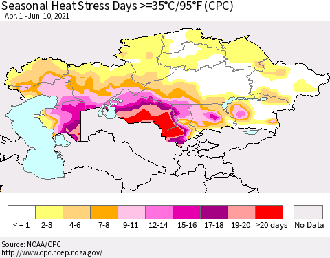 Kazakhstan Seasonal Heat Stress Days >=35°C/95°F (CPC) Thematic Map For 4/1/2021 - 6/10/2021