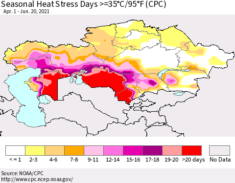 Kazakhstan Seasonal Heat Stress Days >=35°C/95°F (CPC) Thematic Map For 4/1/2021 - 6/20/2021