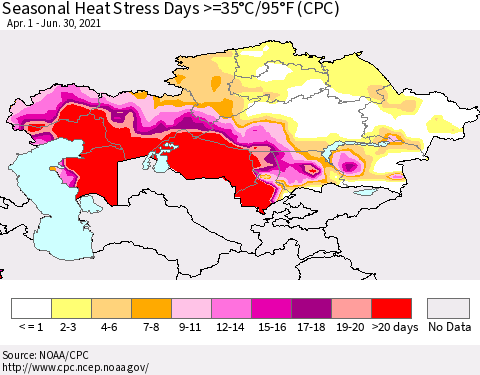 Kazakhstan Seasonal Heat Stress Days >=35°C/95°F (CPC) Thematic Map For 4/1/2021 - 6/30/2021