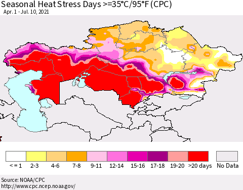 Kazakhstan Seasonal Heat Stress Days >=35°C/95°F (CPC) Thematic Map For 4/1/2021 - 7/10/2021