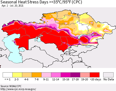 Kazakhstan Seasonal Heat Stress Days >=35°C/95°F (CPC) Thematic Map For 4/1/2021 - 7/20/2021