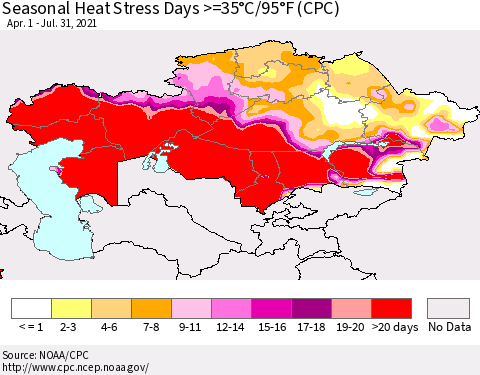 Kazakhstan Seasonal Heat Stress Days >=35°C/95°F (CPC) Thematic Map For 4/1/2021 - 7/31/2021