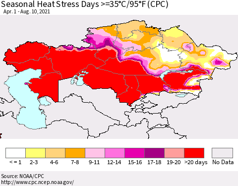 Kazakhstan Seasonal Heat Stress Days >=35°C/95°F (CPC) Thematic Map For 4/1/2021 - 8/10/2021