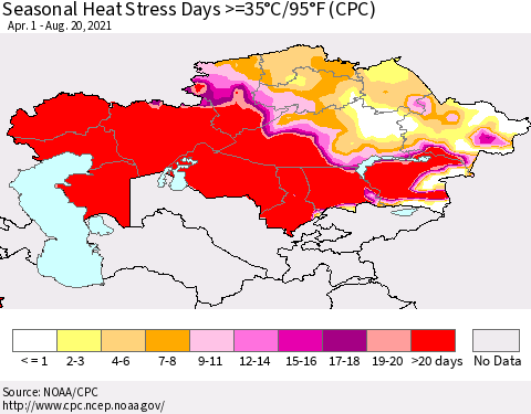 Kazakhstan Seasonal Heat Stress Days >=35°C/95°F (CPC) Thematic Map For 4/1/2021 - 8/20/2021