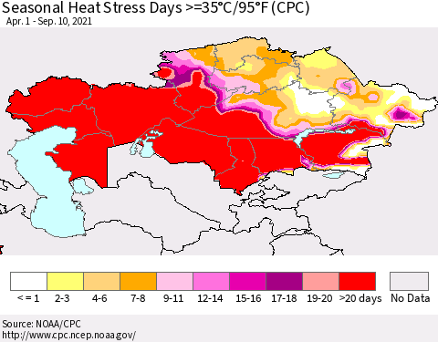 Kazakhstan Seasonal Heat Stress Days >=35°C/95°F (CPC) Thematic Map For 4/1/2021 - 9/10/2021