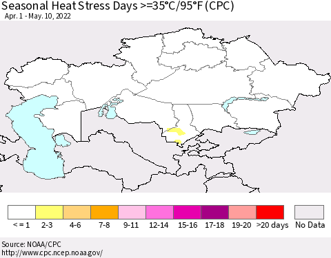 Kazakhstan Seasonal Heat Stress Days >=35°C/95°F (CPC) Thematic Map For 4/1/2022 - 5/10/2022