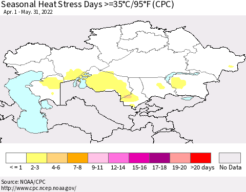 Kazakhstan Seasonal Heat Stress Days >=35°C/95°F (CPC) Thematic Map For 4/1/2022 - 5/31/2022