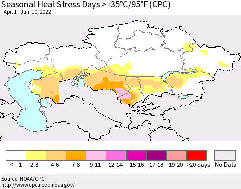 Kazakhstan Seasonal Heat Stress Days >=35°C/95°F (CPC) Thematic Map For 4/1/2022 - 6/10/2022