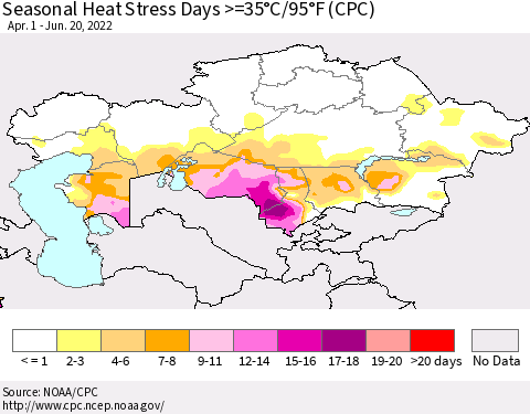 Kazakhstan Seasonal Heat Stress Days >=35°C/95°F (CPC) Thematic Map For 4/1/2022 - 6/20/2022
