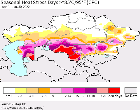Kazakhstan Seasonal Heat Stress Days >=35°C/95°F (CPC) Thematic Map For 4/1/2022 - 6/30/2022