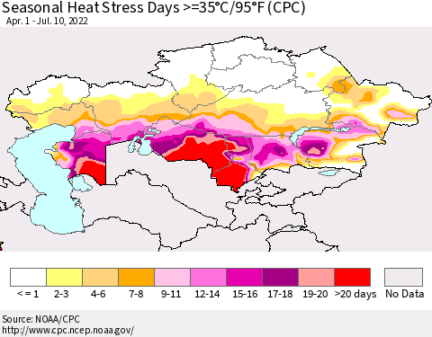 Kazakhstan Seasonal Heat Stress Days >=35°C/95°F (CPC) Thematic Map For 4/1/2022 - 7/10/2022