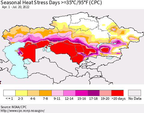Kazakhstan Seasonal Heat Stress Days >=35°C/95°F (CPC) Thematic Map For 4/1/2022 - 7/20/2022