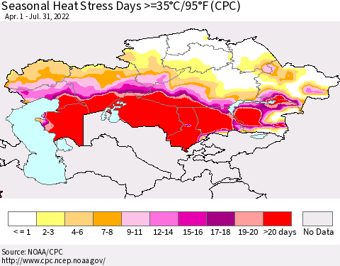 Kazakhstan Seasonal Heat Stress Days >=35°C/95°F (CPC) Thematic Map For 4/1/2022 - 7/31/2022